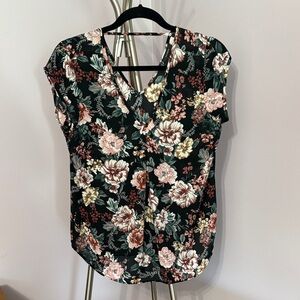 Halogen Black Floral V-Neck Blouse with Pink and Cream Blooms